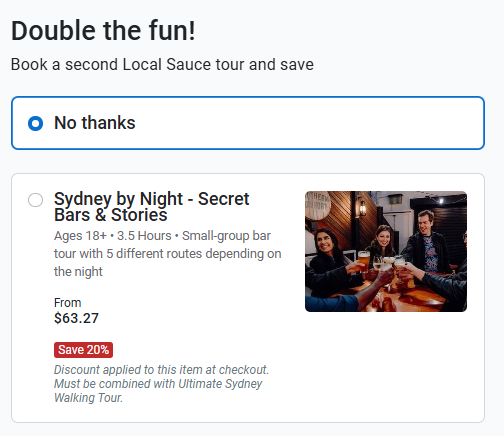 Screenshot of a booking page featuring one of the best tours Australia has to offer: the discounted “Sydney by Night - Secret Bars & Stories” tour. Priced at $63.27, this 3.5-hour adventure includes a lively photo of people raising drinks at a bar.