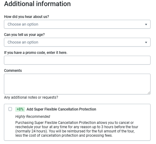 A web form titled "Additional information" asks how you heard about the best tours Australia offers, your age, promo code, and comments. There’s also a checkbox for optional Super Flexible Cancellation Protection with a brief description.