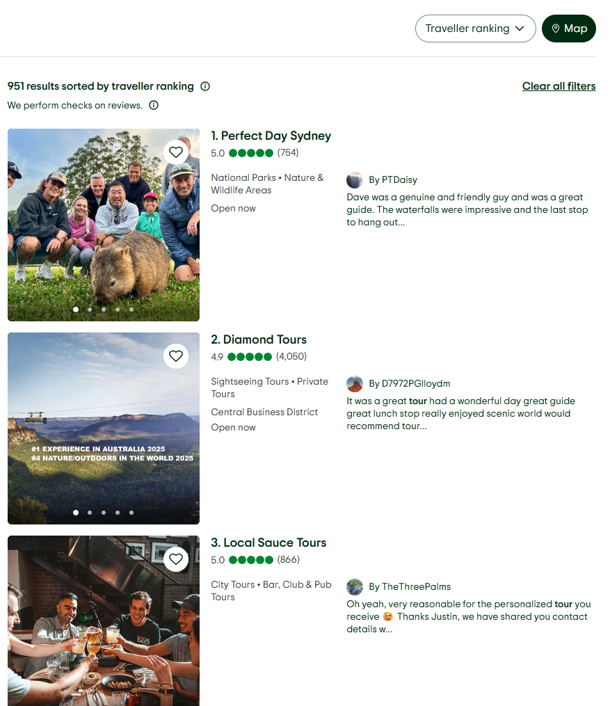 Screenshot of a travel website listing the best tours Australia offers in Sydney, with images, ratings, short reviews, and green location tags. Each tour displays photos of smiling groups or food, review scores, and enticing descriptions.